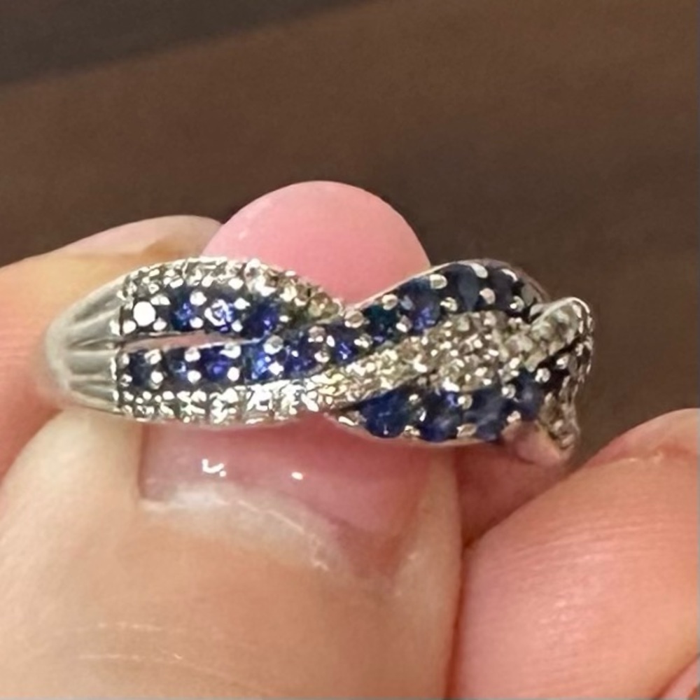 925 Sterling Silver Blue Sapphire & Diamond Accent Crossover Ring Size 8